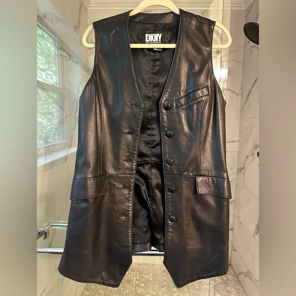 Vintage Dona Karan NY Long Learher Vest - Picture 1 of 4